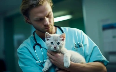Ветеринар проводит последний осмотр кошки перед эвтаназией